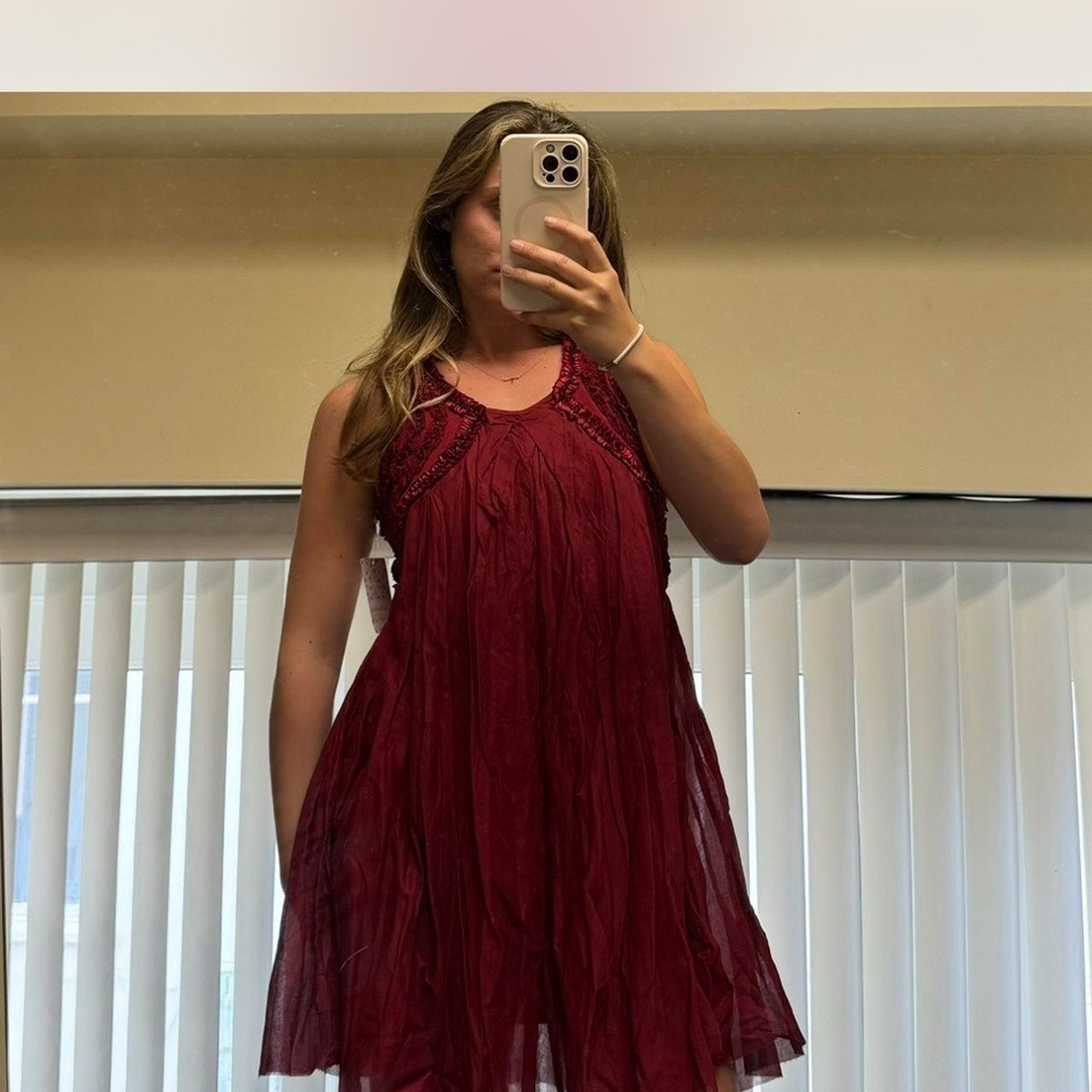 Free People Rose Red Beaded Ruffle Pleated Mini Dress XS F205Y068